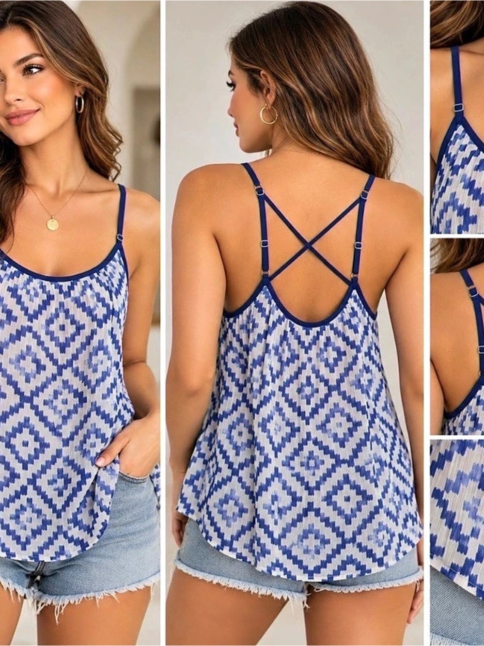 Geometric Cami in Blue & White Like New